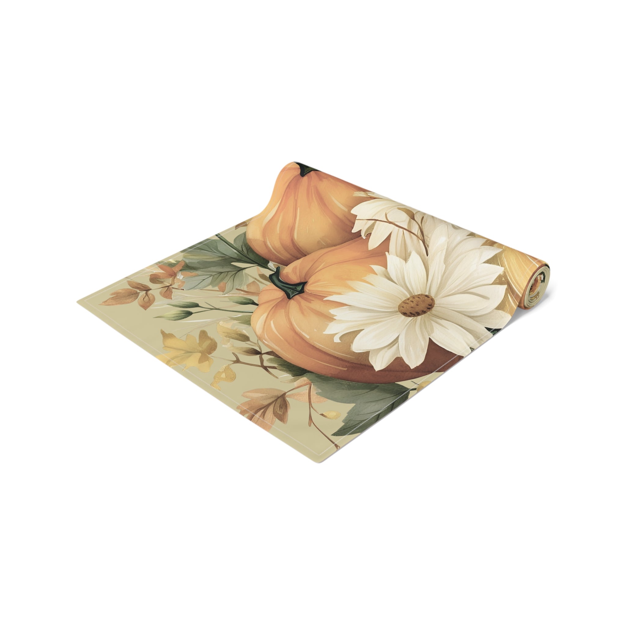 Roll of decorative paper with pumpkins and flowers on a white background