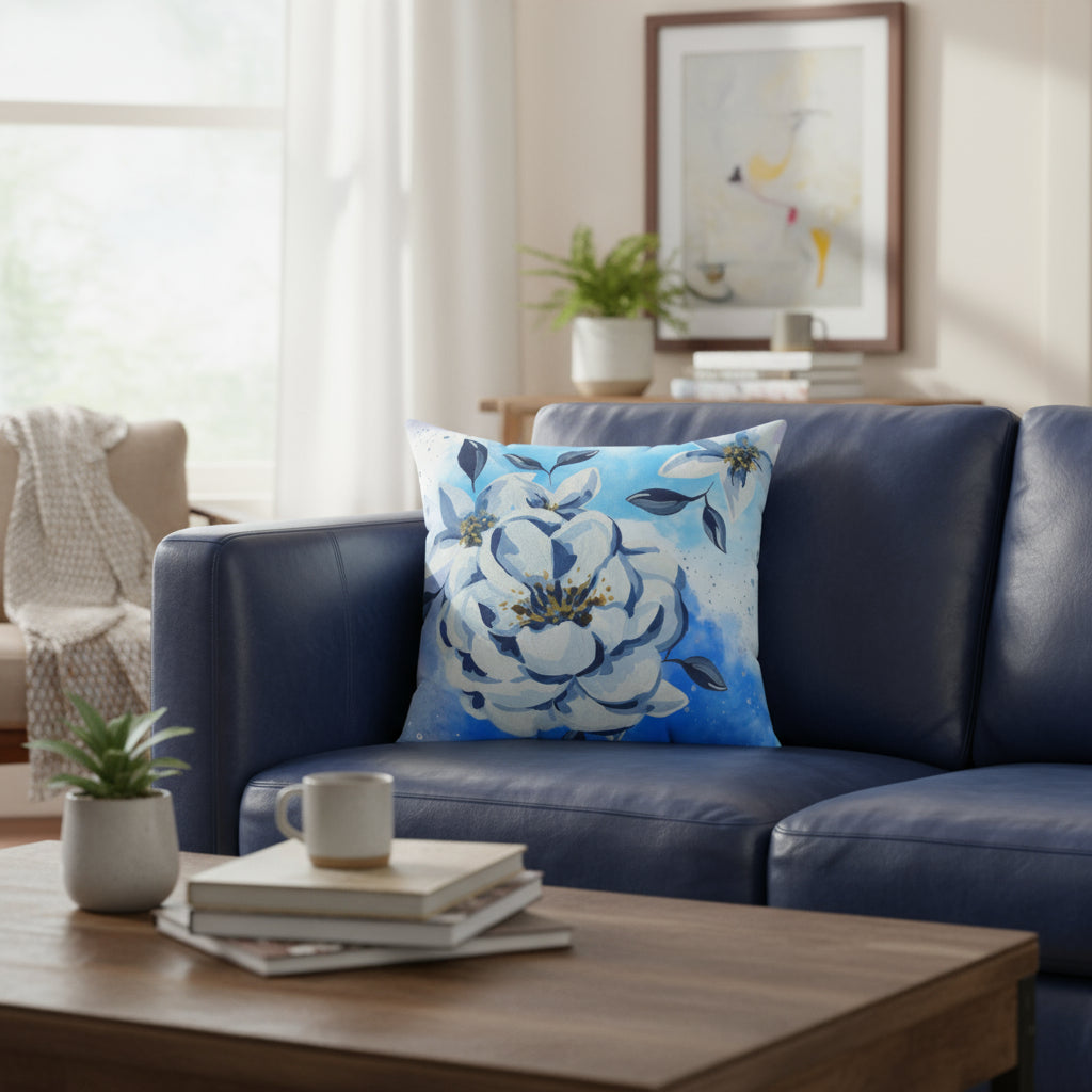 Floral pillow with white flowers on a blue background