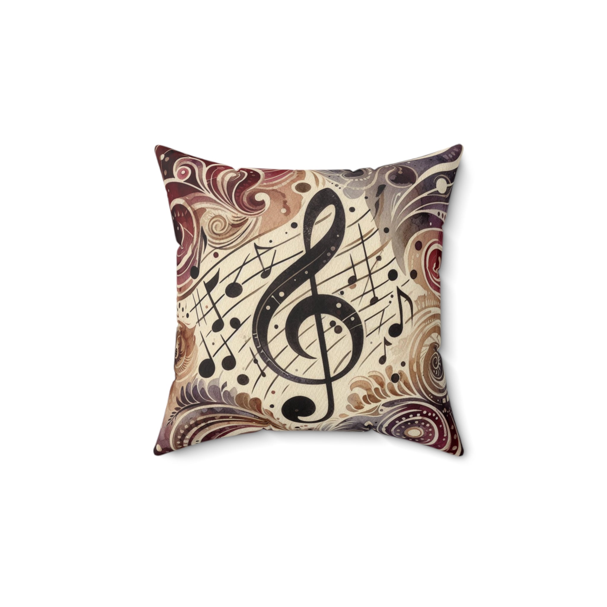 Decorative pillow with musical notes and treble clef on a white background