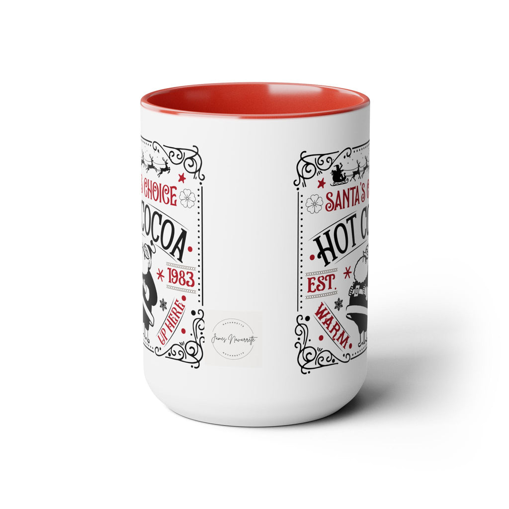 White mug with red interior and festive text design on a white background