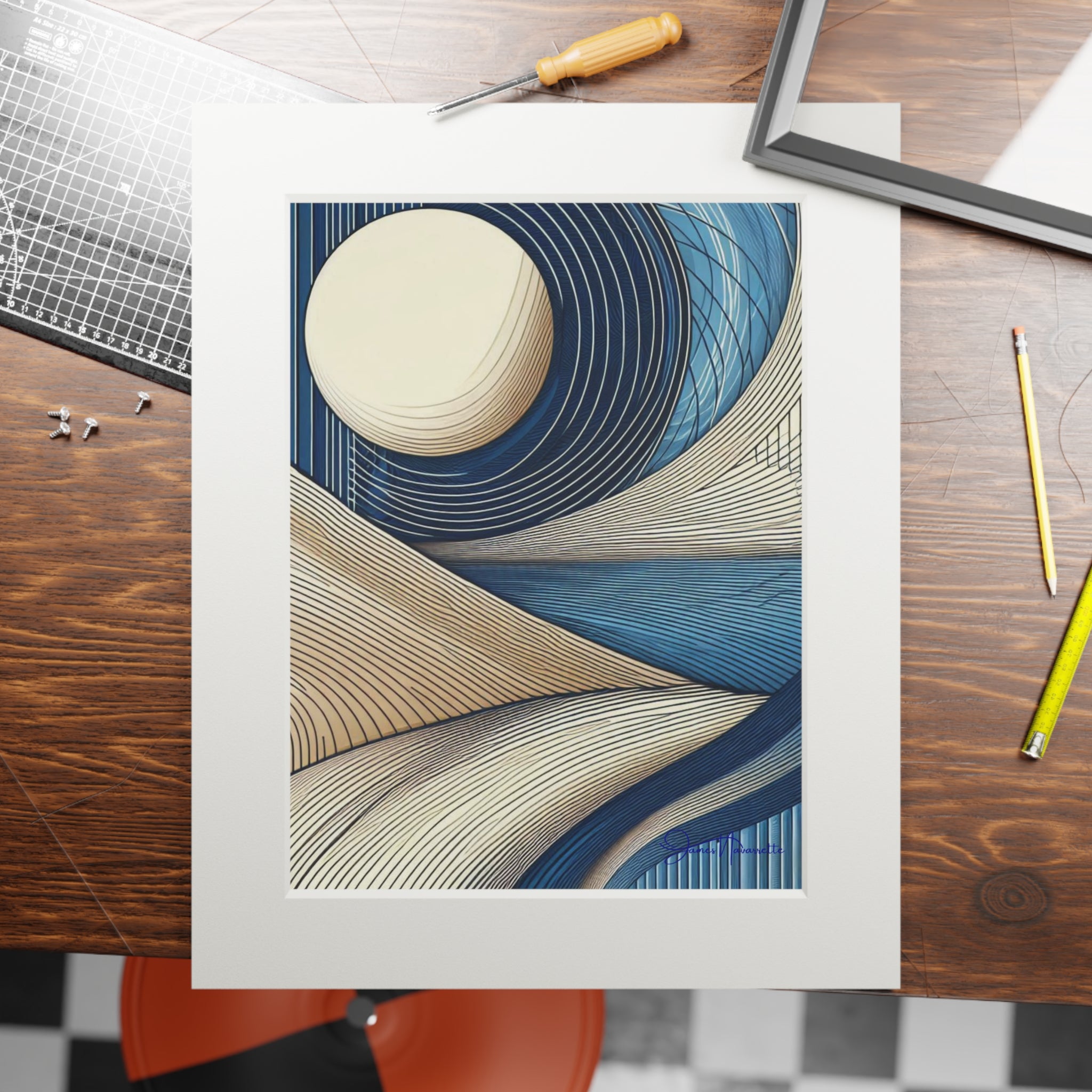 Fine Art Prints (Passepartout Paper Frame) - Abstract Landscape in Cobalt, Cream, and White