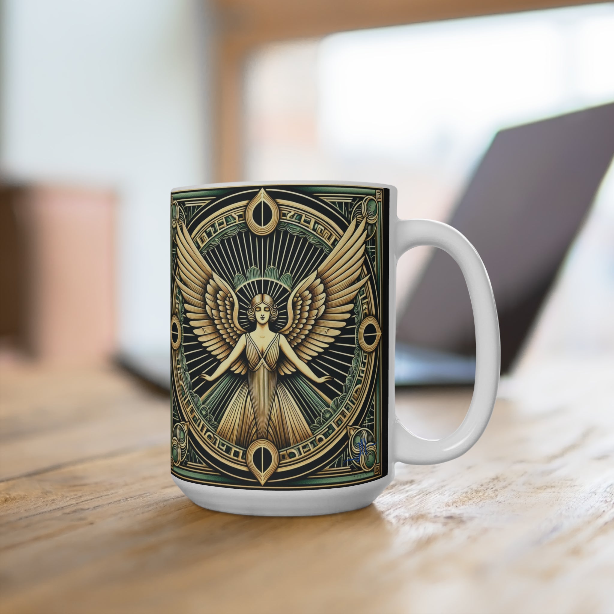 Mug with angel design on a wooden surface