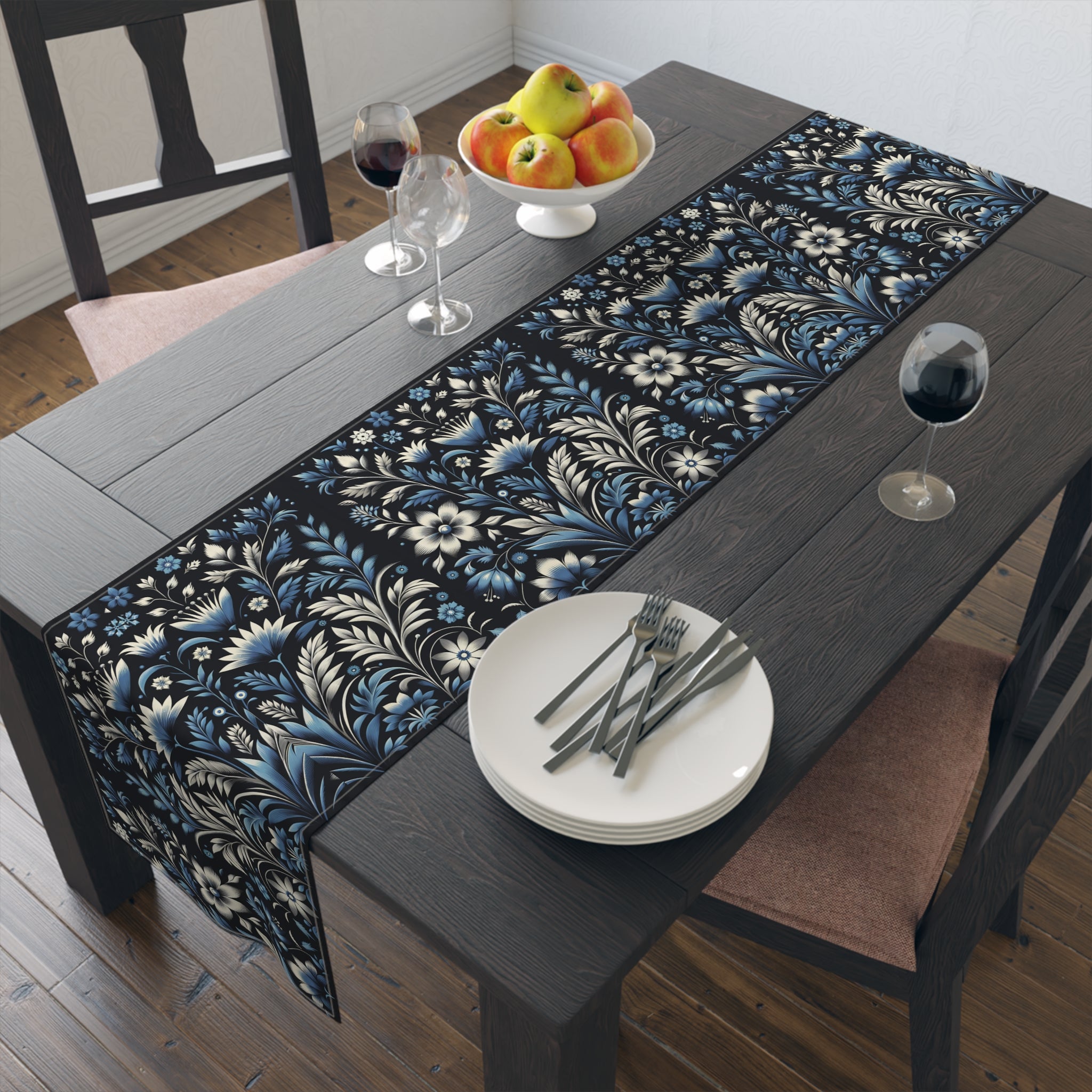 Dark Blue Art Deco Floral Table Runner Decor- Cotton Poly Blend