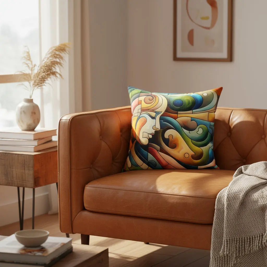 Colorful abstract pillow design on a white background