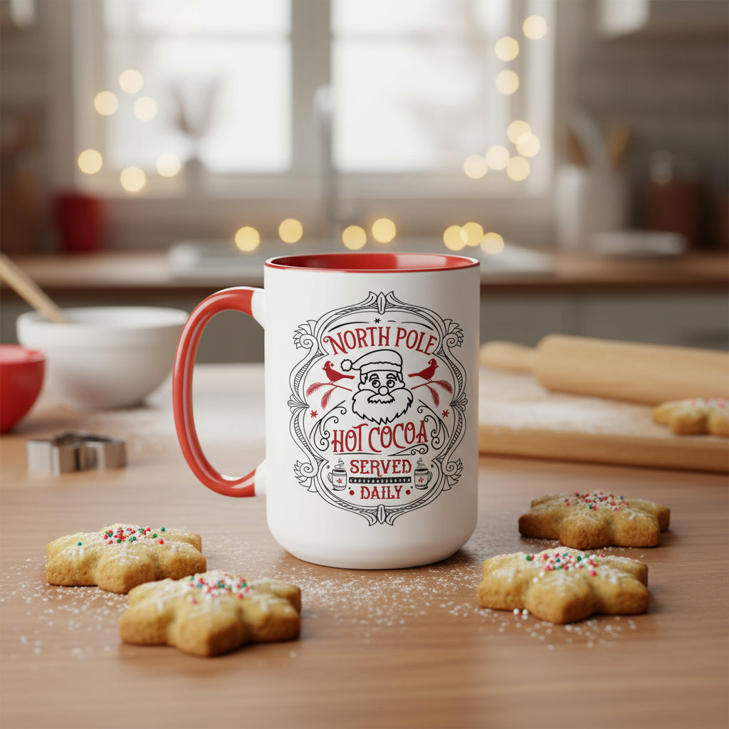 White mug with red interior and 'North Pole Hot Cocoa' design on a kitchen counter with cookies.