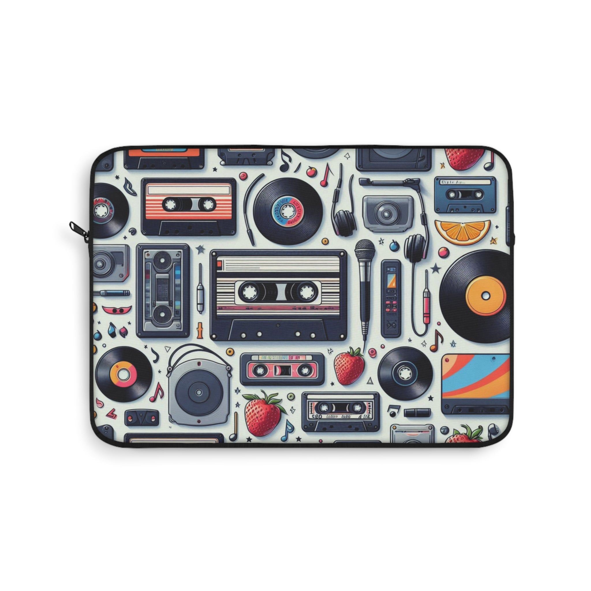 Laptop sleeve with retro music-themed design on a white background