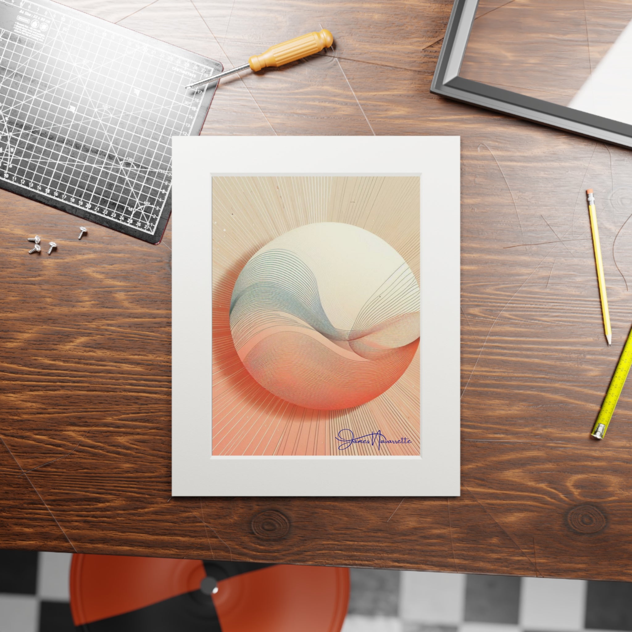 Framed abstract art print on a wooden table with tools