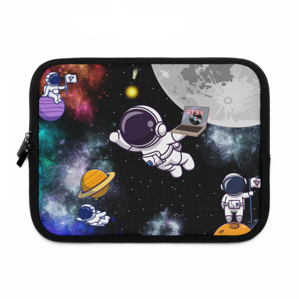 Space-themed laptop sleeve with astronauts and planets on a black border