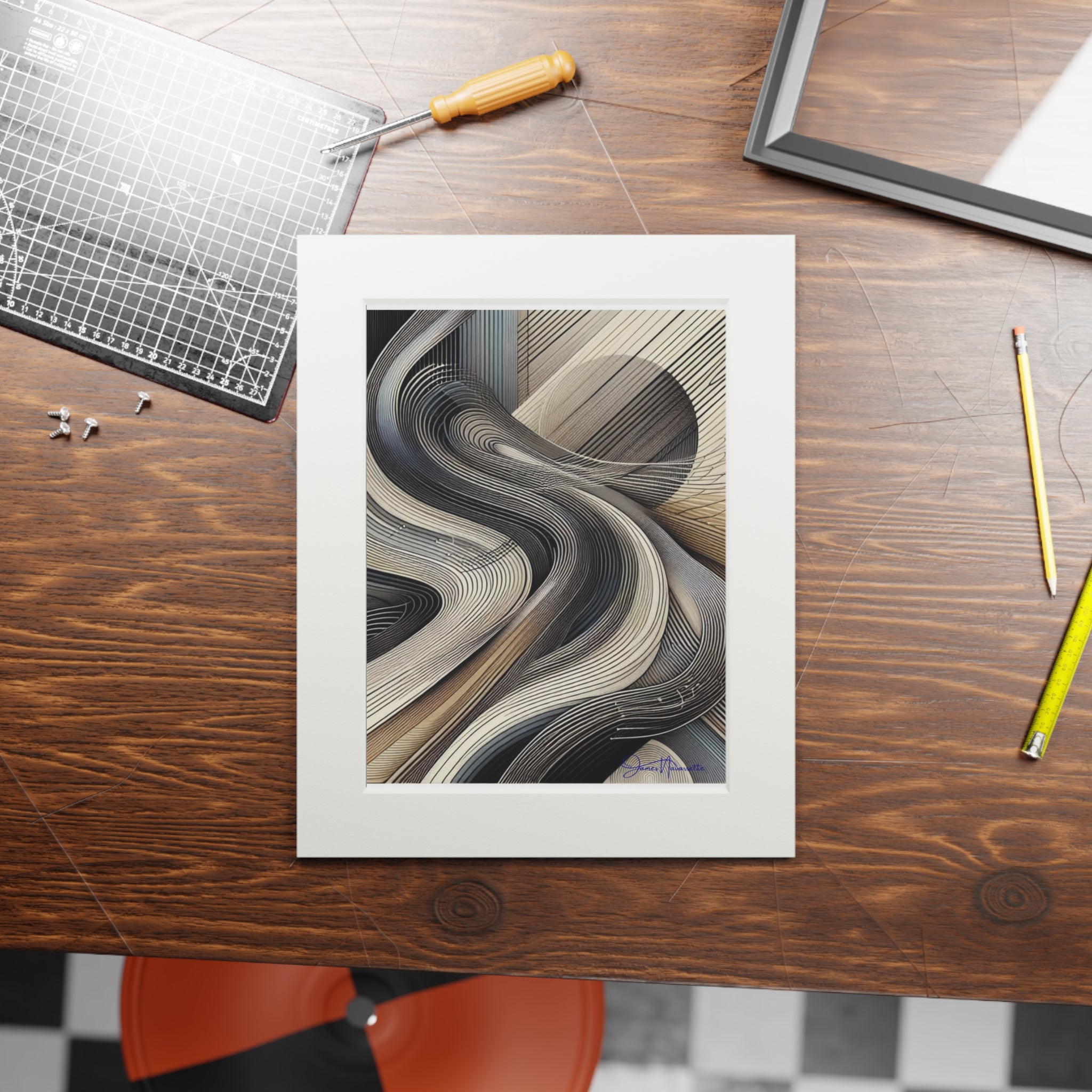 Framed abstract art on a wooden table with tools