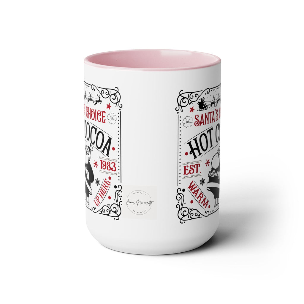 White mug with red interior and festive text design on a white background