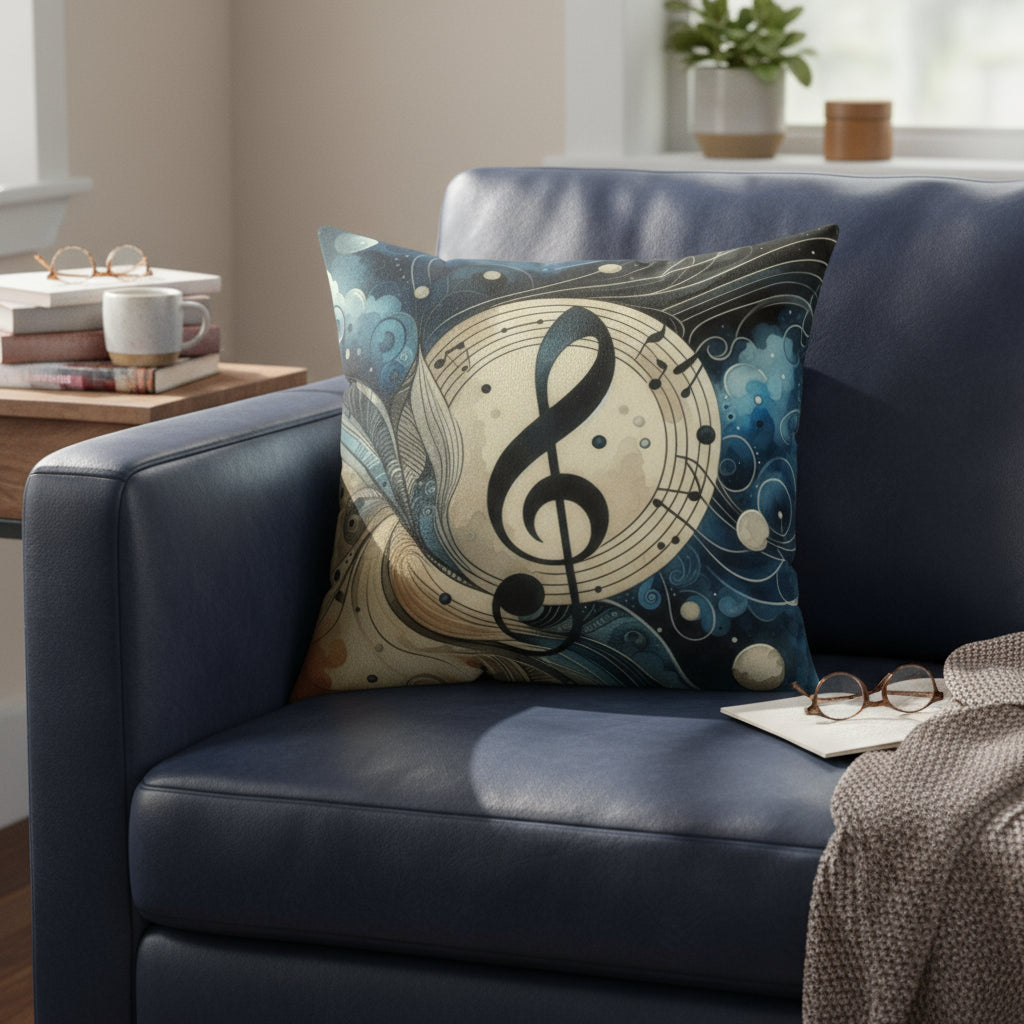 Decorative pillow with musical symbol on a blue sofa in a living room setting.