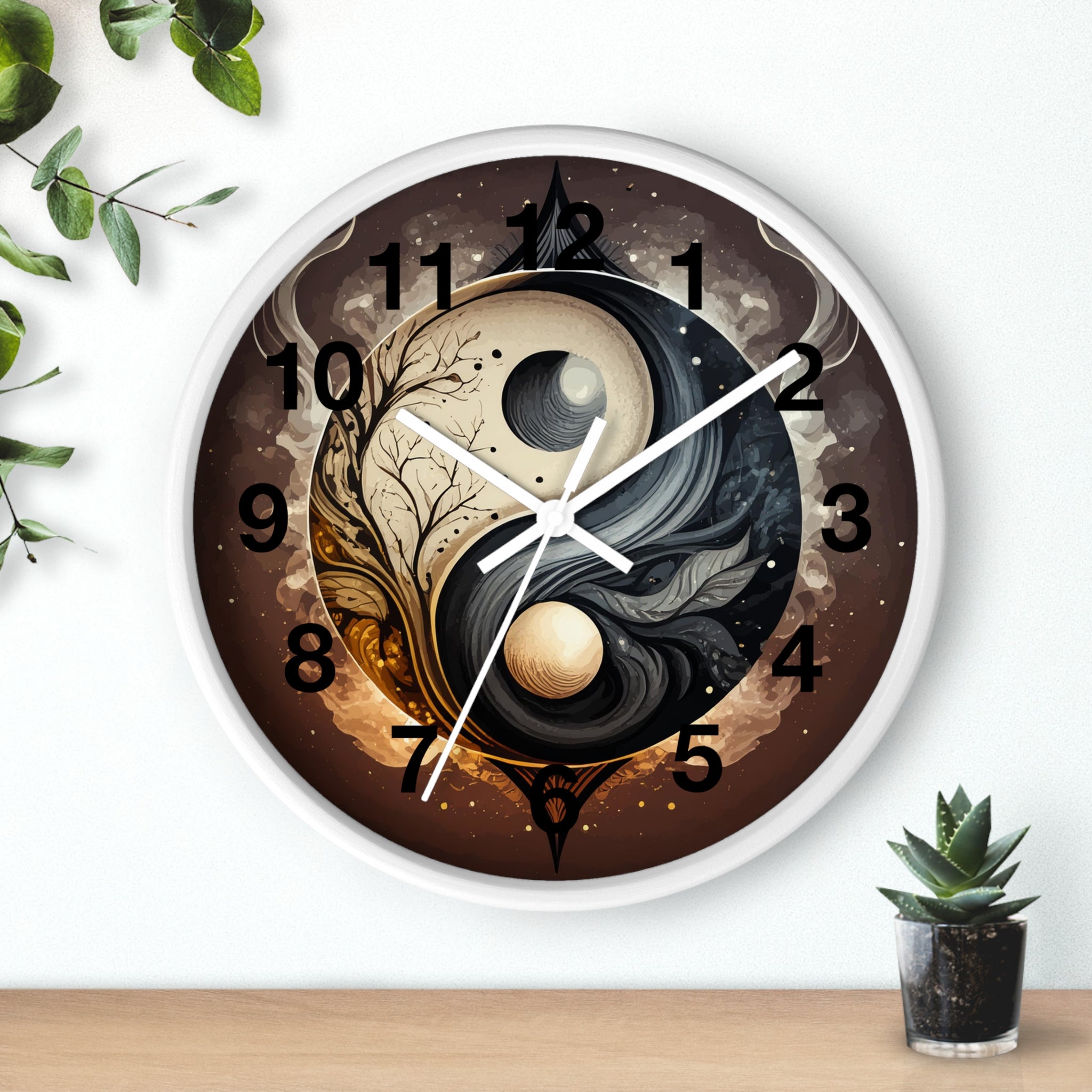 Decorative wall clock with yin yang design on a white background