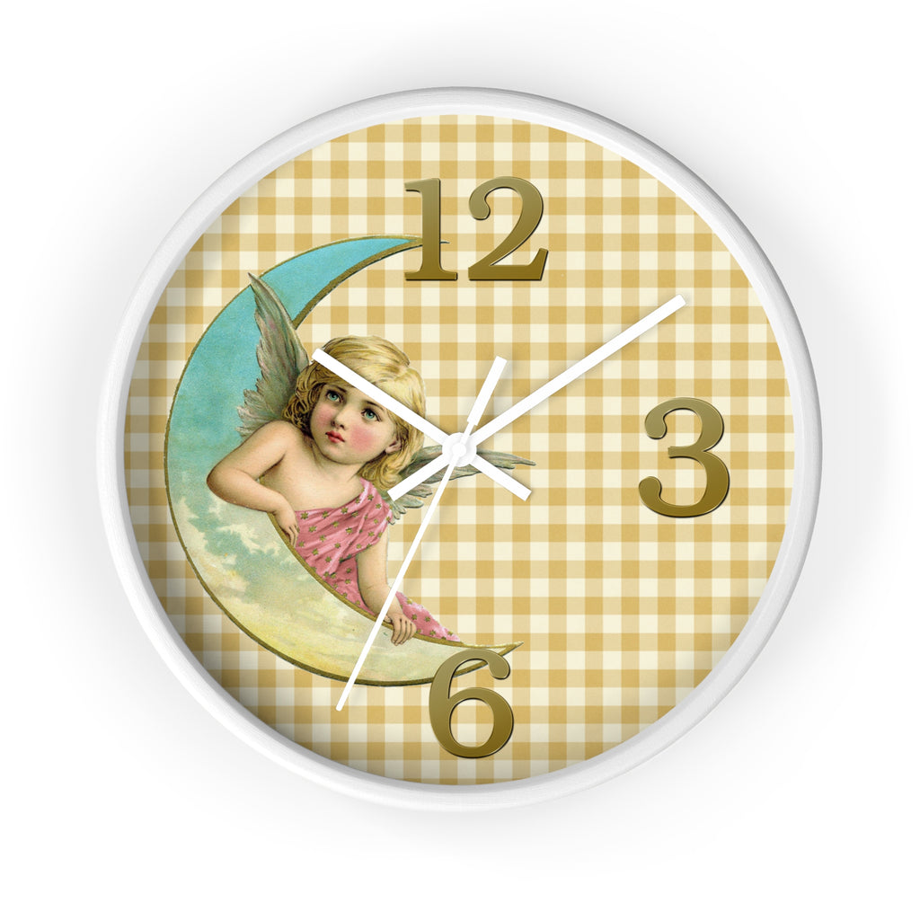 Wall clock with angel design on a yellow checkered background