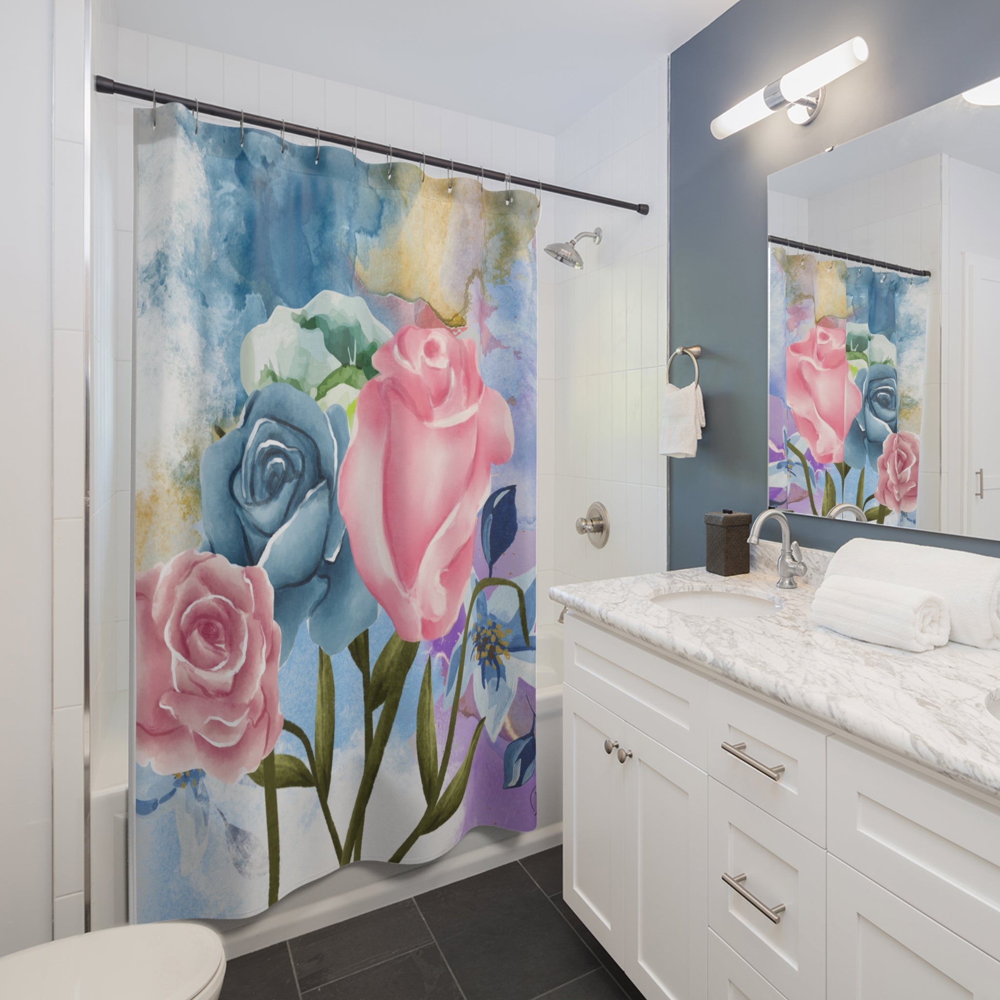 Bathroom with floral shower curtain and white vanity