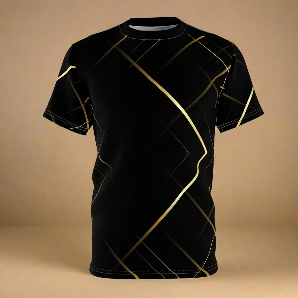 Black t-shirt with gold geometric patterns on a white background