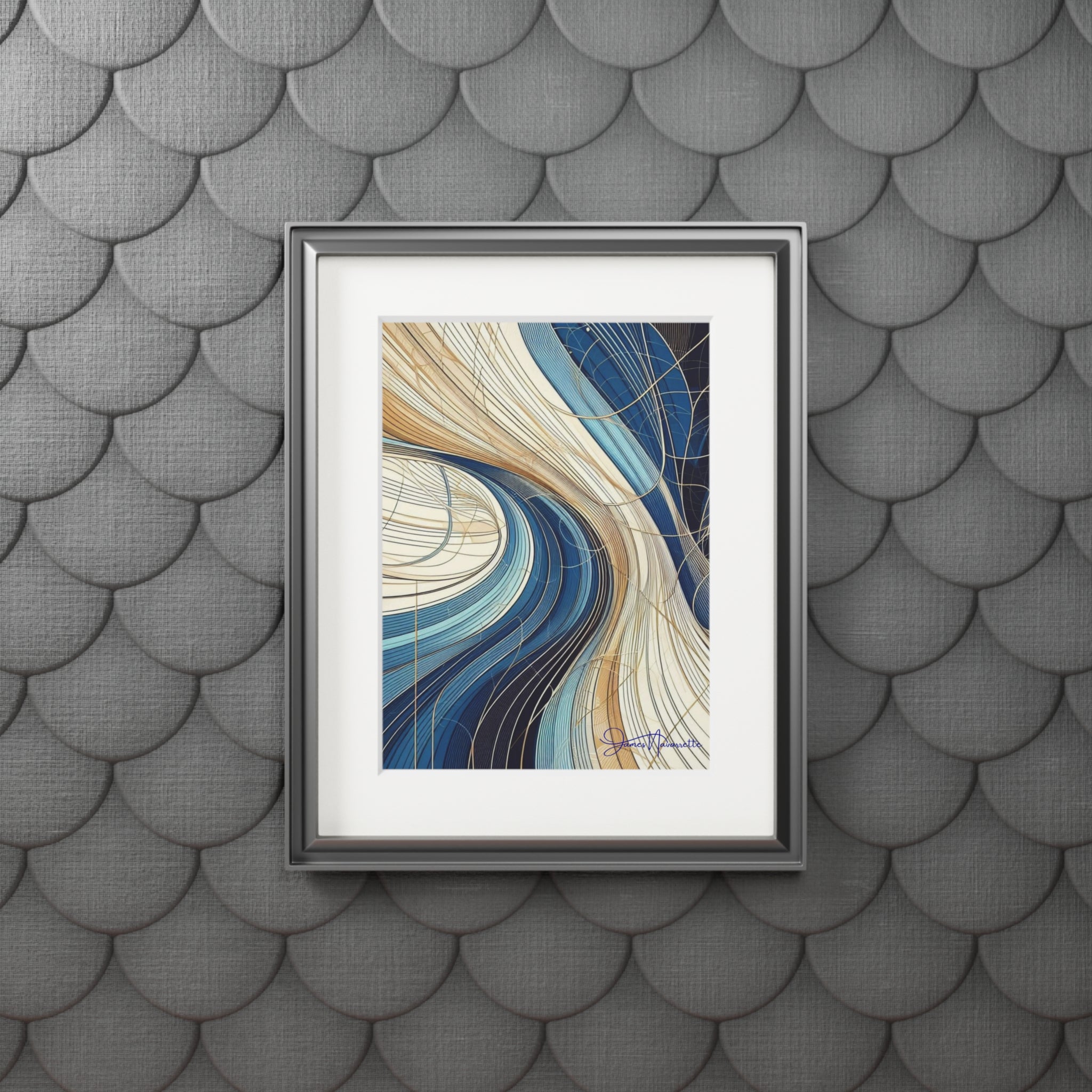 Fine Art Prints- Abstract Waterfall in cobalt, cream and white in Passepartout Paper Frame
