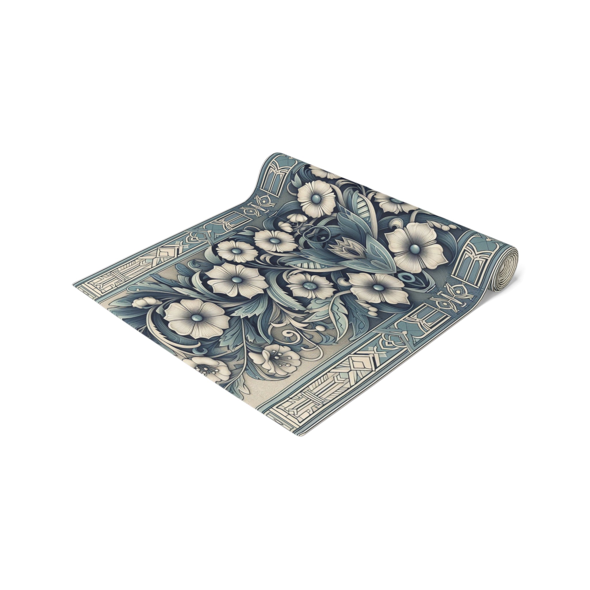 Antique Periwinkle and White Floral Pattern Table Runner- Available in Cotton Twill or Polyester - 16x72 or 16x90 -