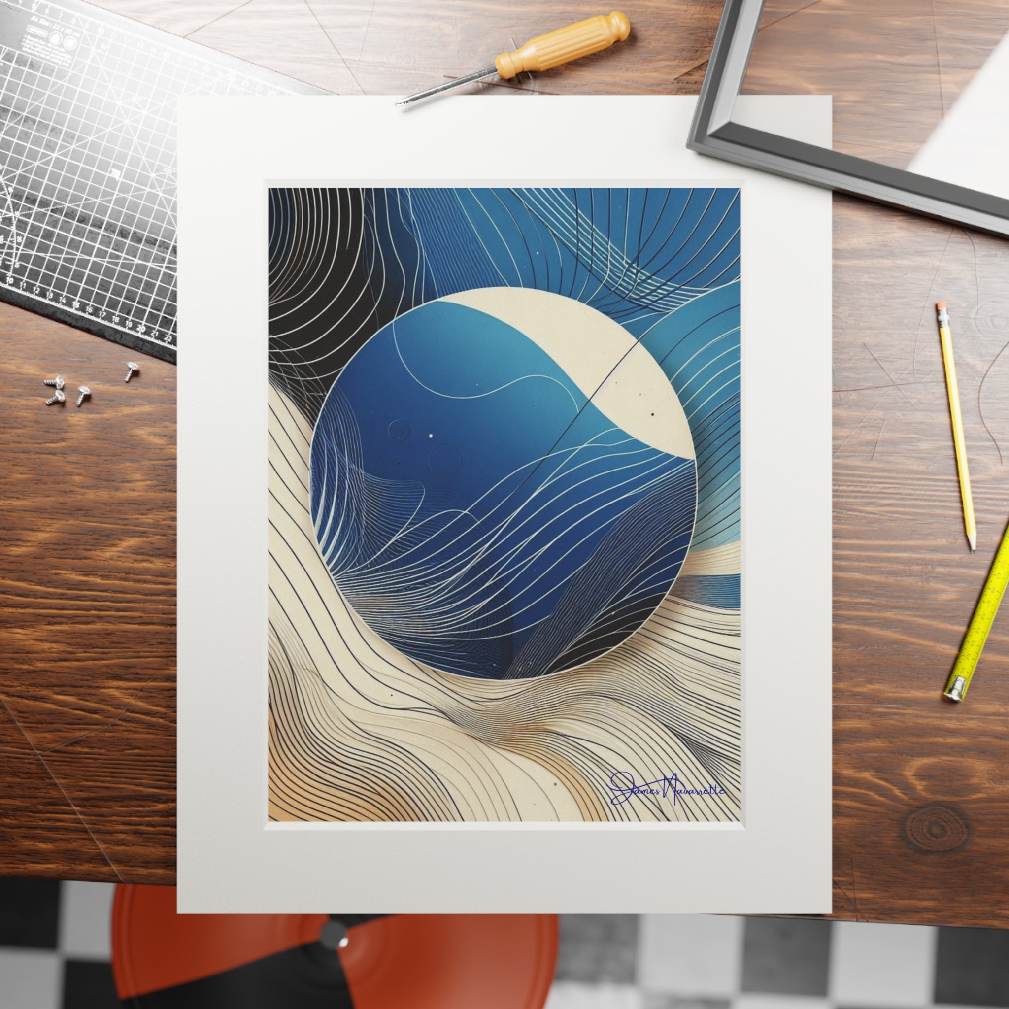 Abstract Sunrise in cobalt, cream and white in Passepartout Paper Frame
