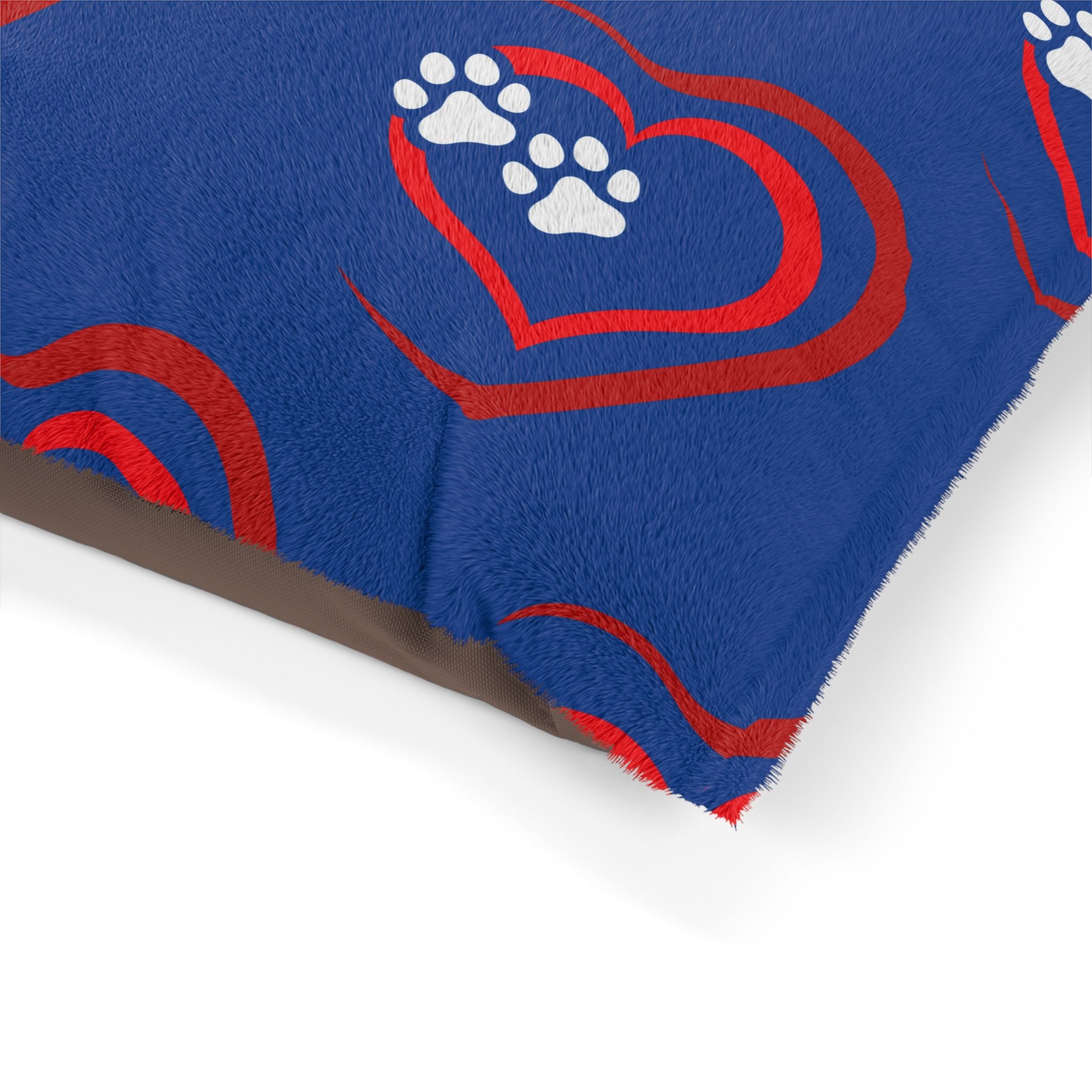 Blue blanket with red heart and paw prints on a white background