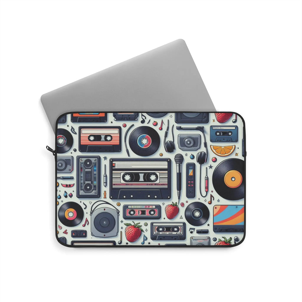 Laptop sleeve with retro music-themed design on a white background