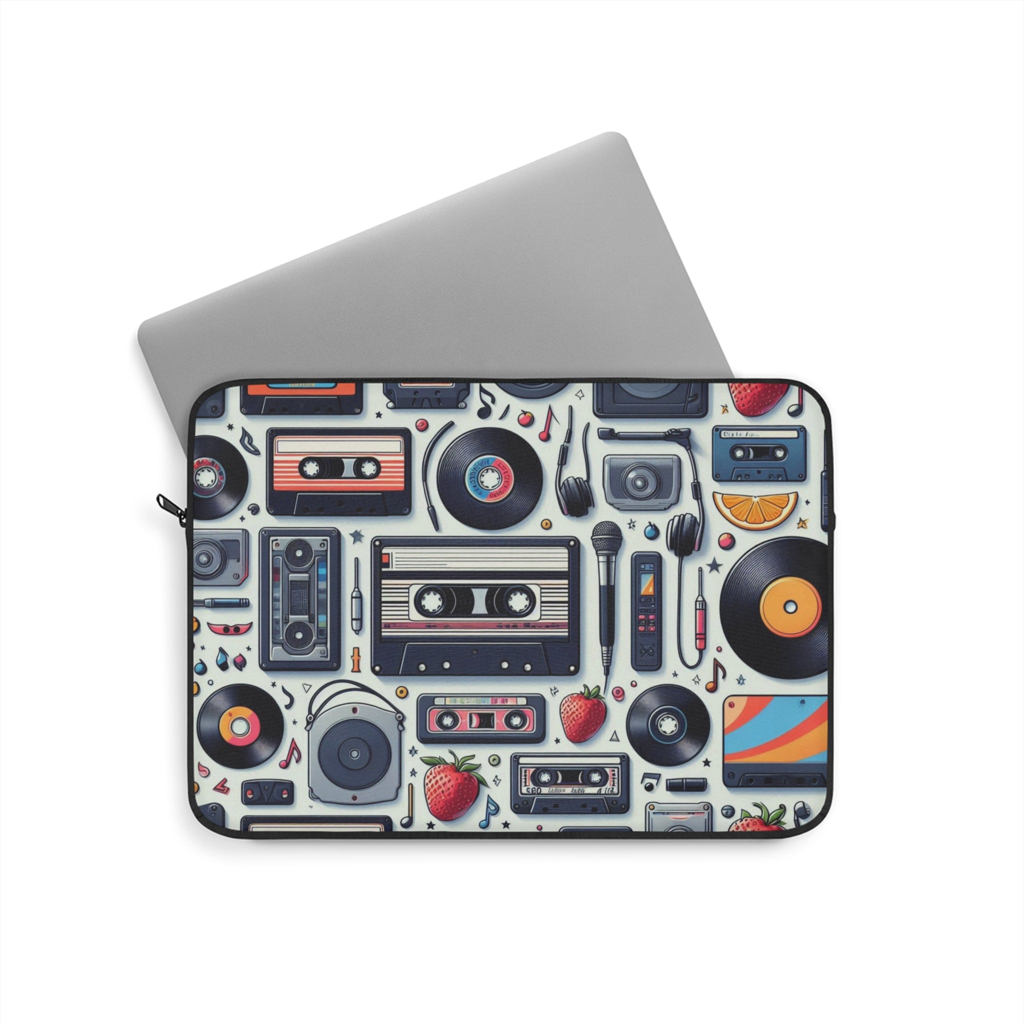 Laptop sleeve with retro music-themed design on a white background