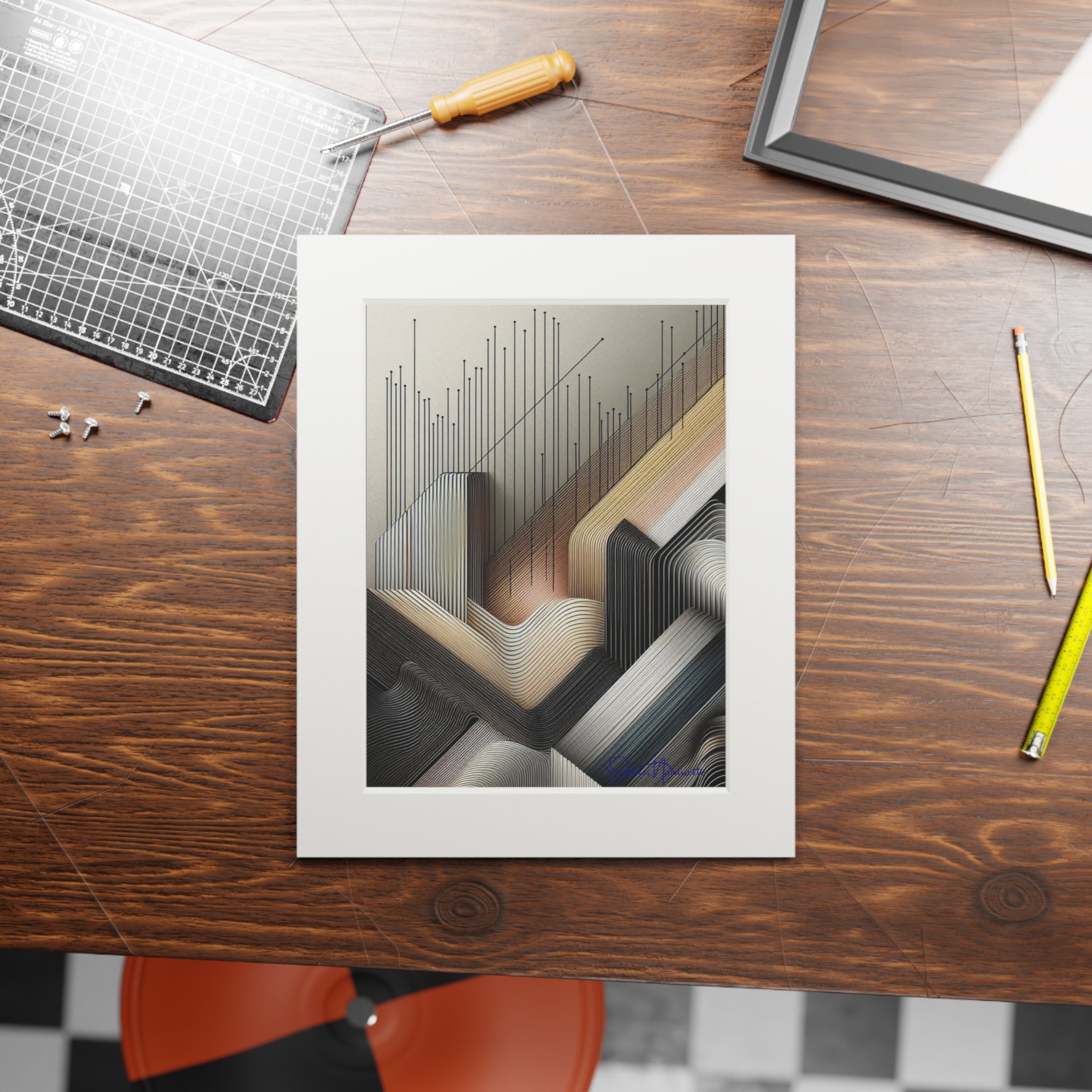 Framed abstract art on a wooden table with tools