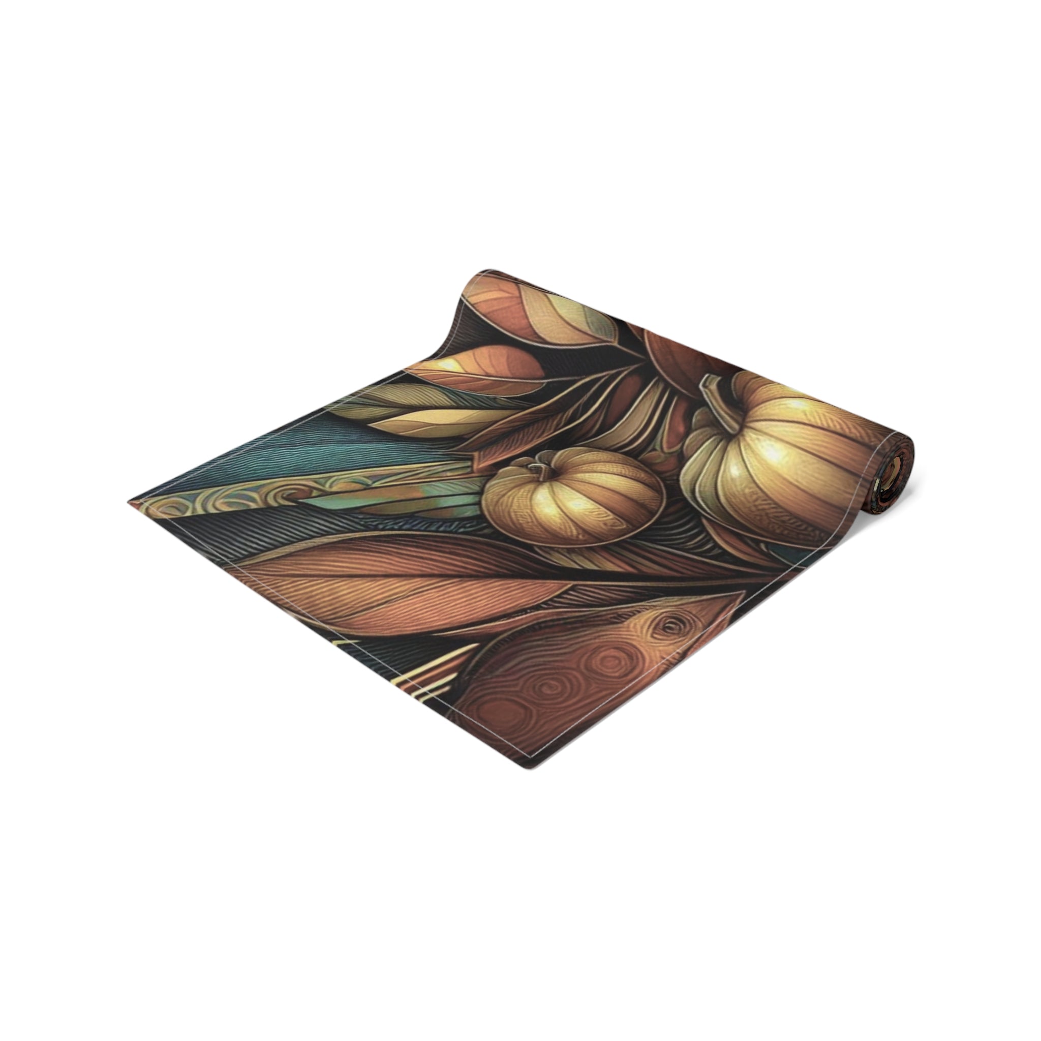 Yoga mat with autumn-themed design featuring pumpkins and leaves on a white background