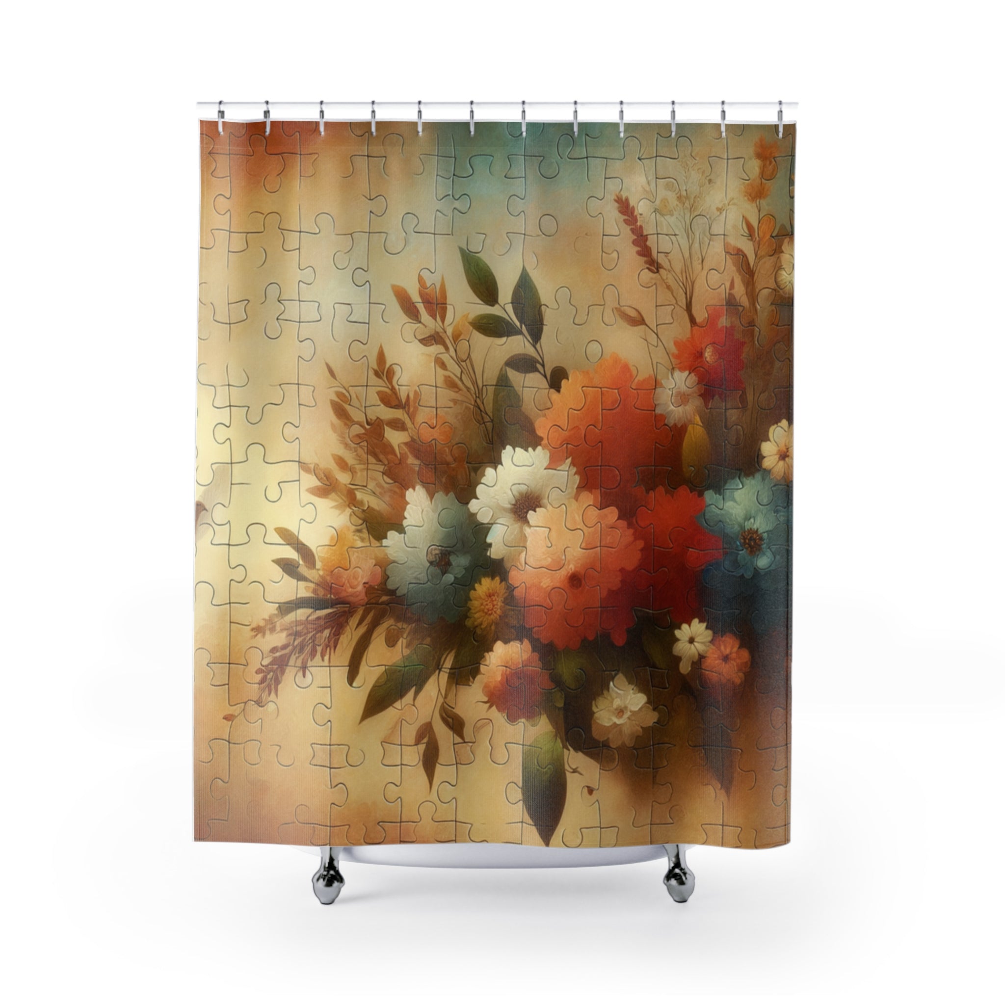 Shower curtain with floral design on a white background