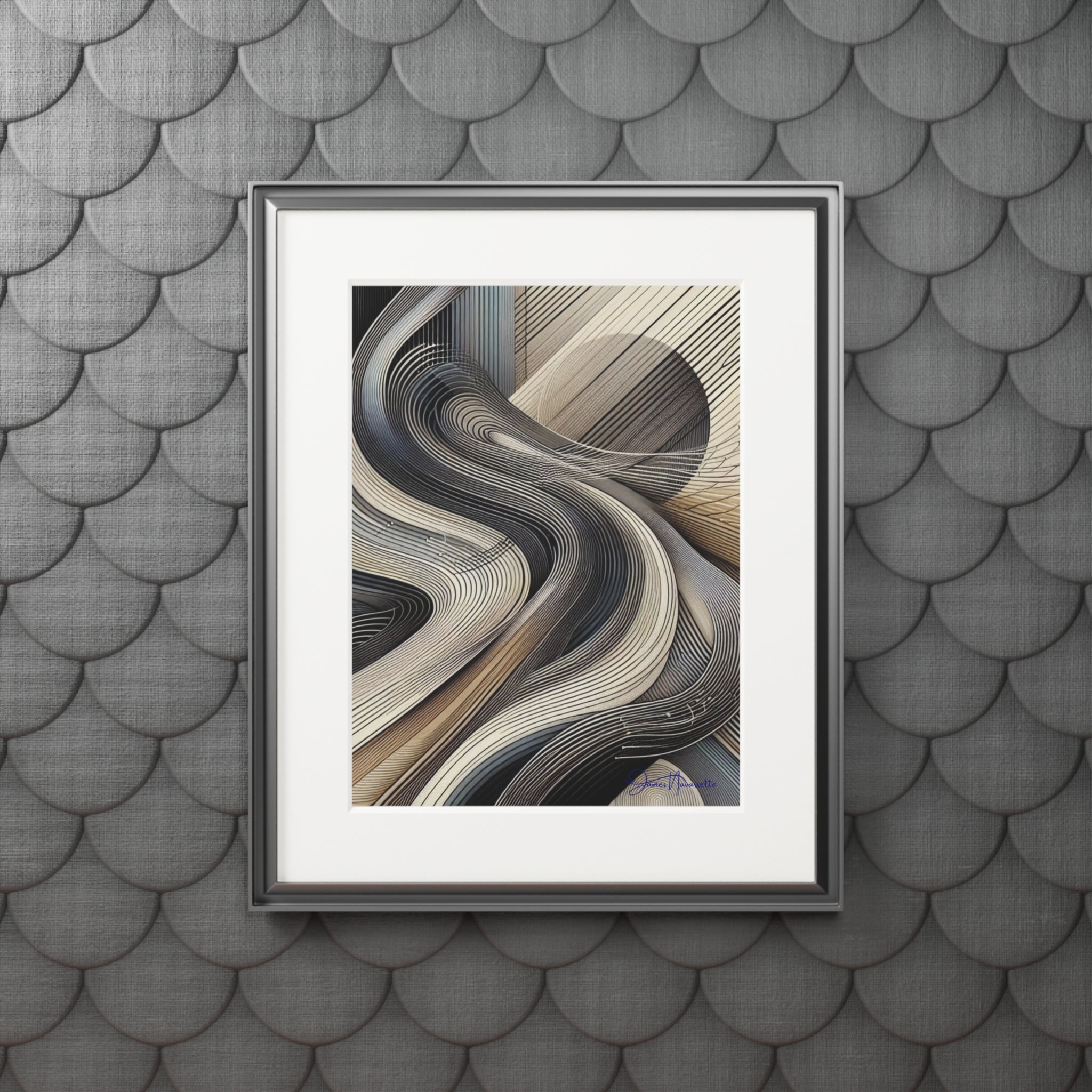 Framed abstract art print on a textured gray wall