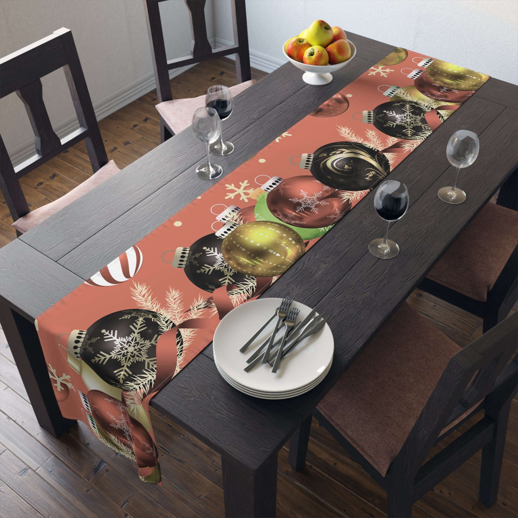 Christmas Ornaments Red Table Runner