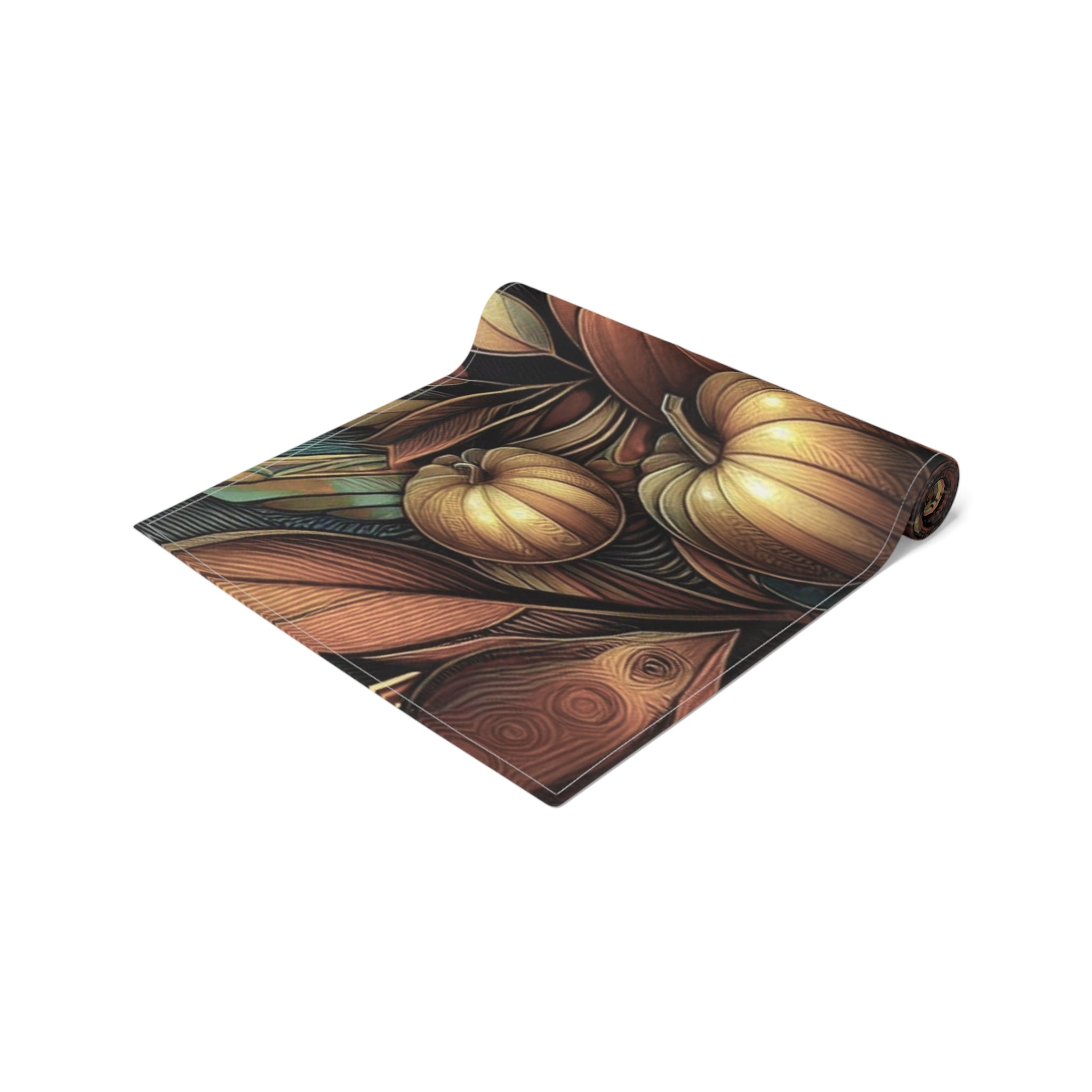 Yoga mat with autumnal design featuring pumpkins and leaves on a white background