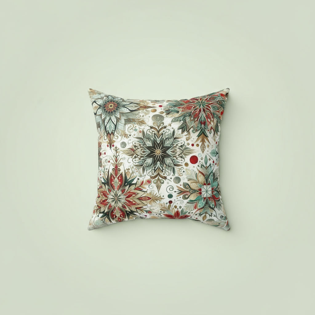 Decorative pillow with a colorful floral and geometric pattern on a white background