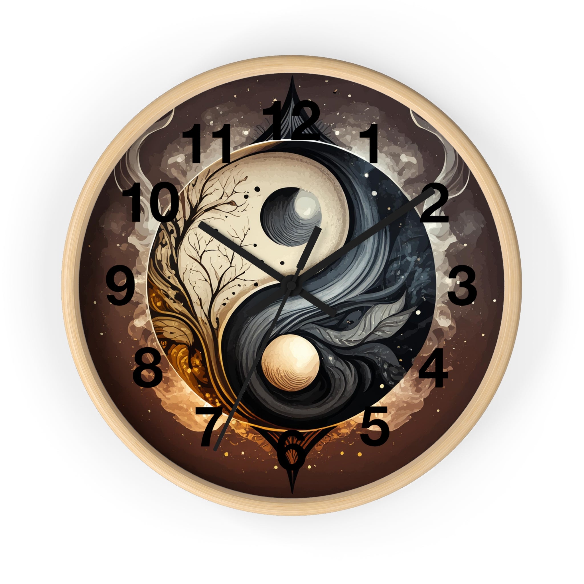Decorative wall clock with yin yang design on a white background