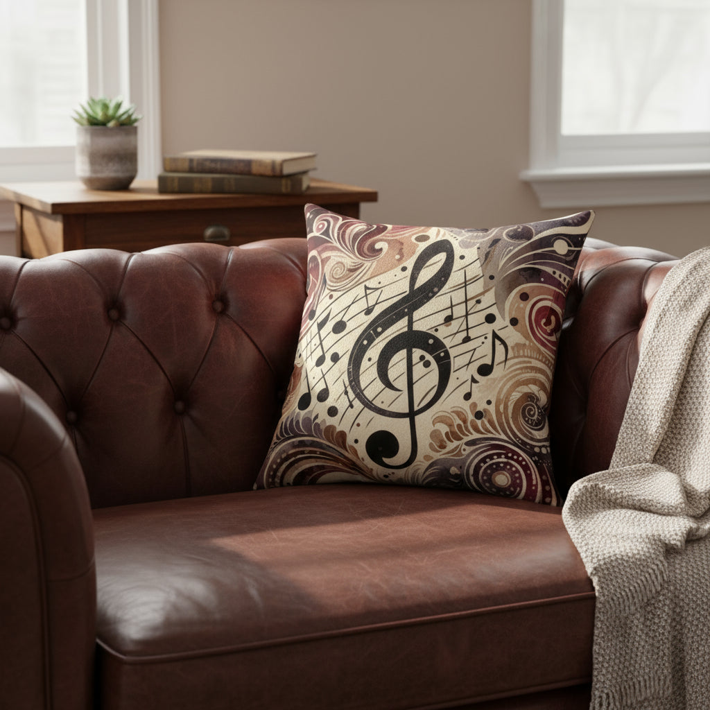 Decorative pillow with musical notes on a brown leather couch in a living room.