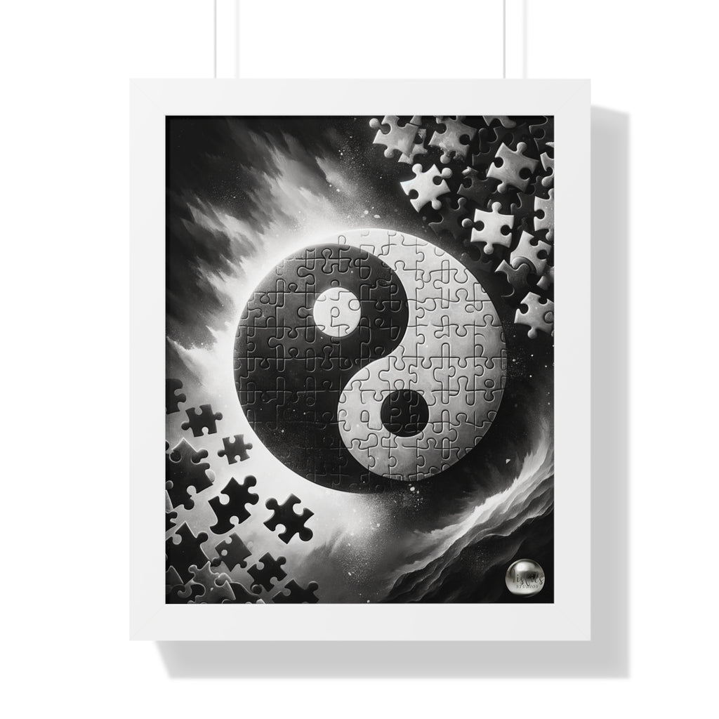 Framed artwork with a yin yang symbol made of puzzle pieces on a white background