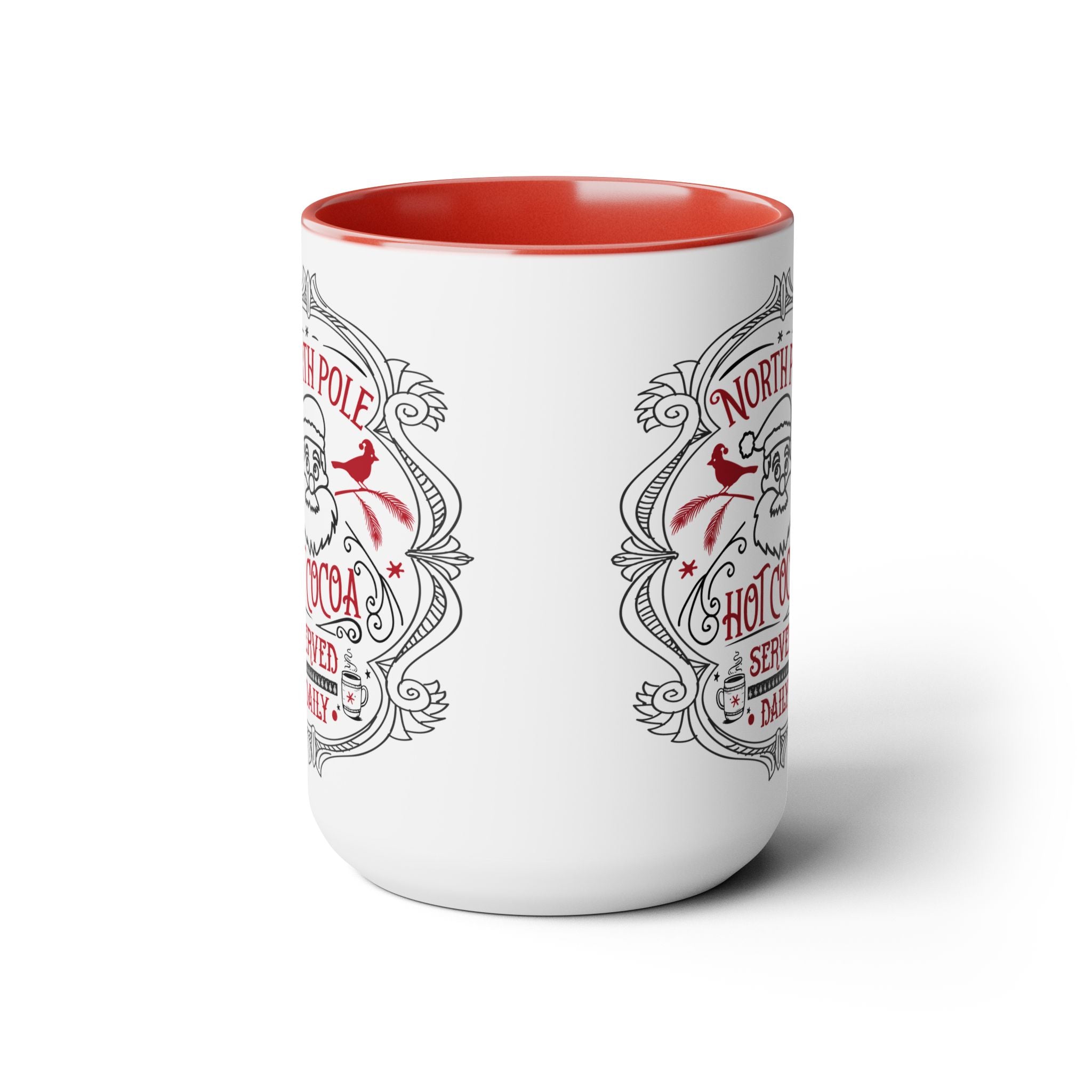 White mug with red interior and decorative text on a white background