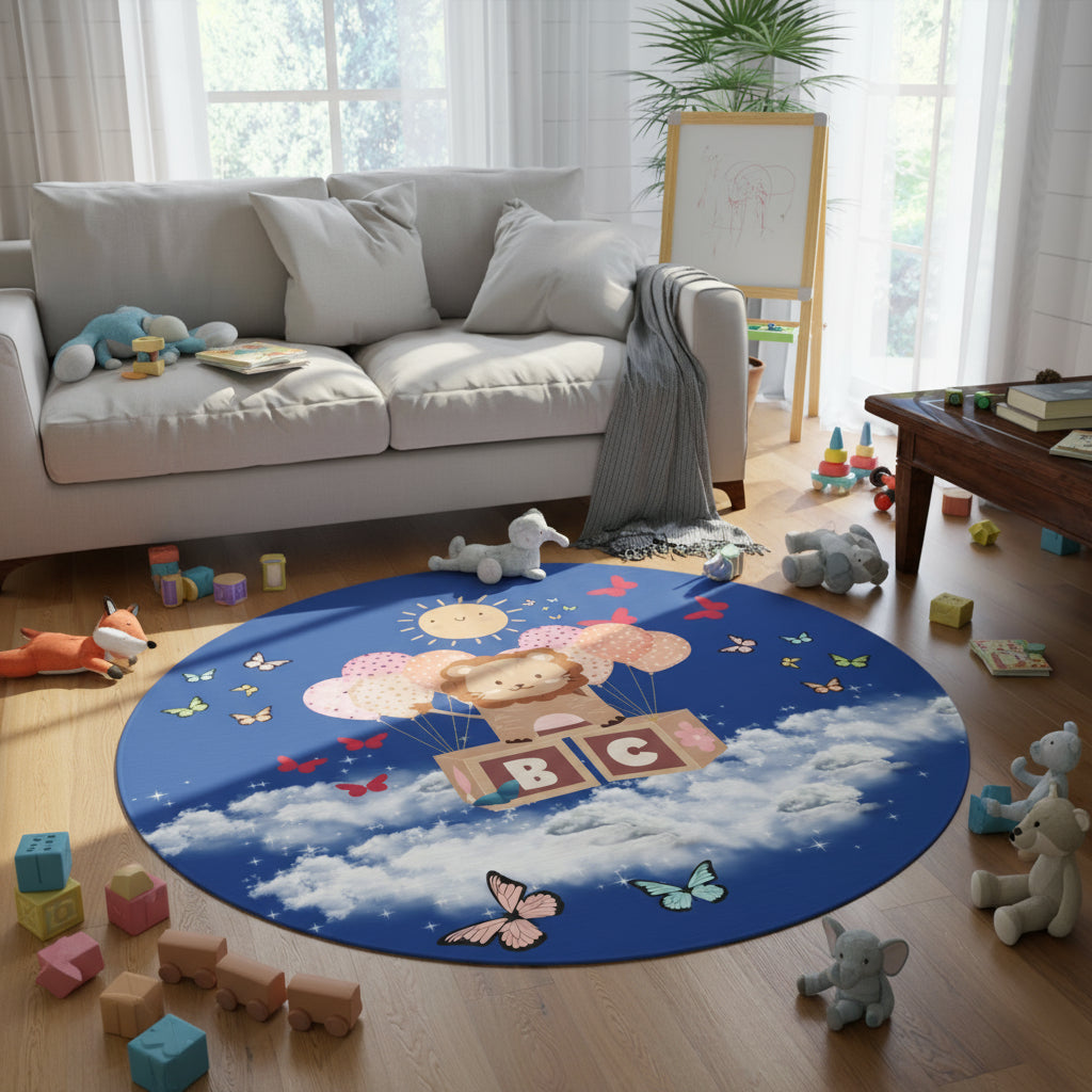 Children's room with a colorful round rug featuring cartoon characters and toys on the floor.