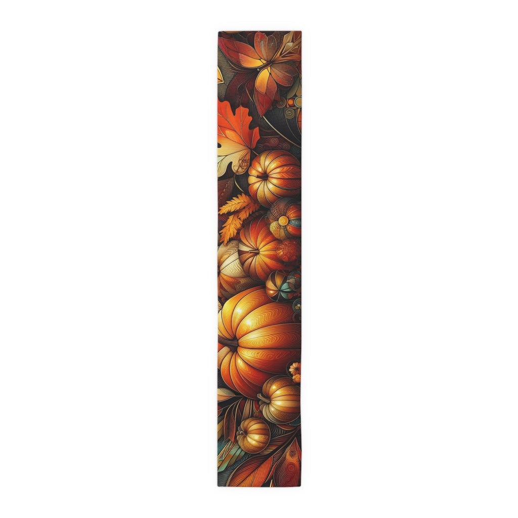 Decorative table runner with autumn-themed design featuring pumpkins and leaves on a white background.