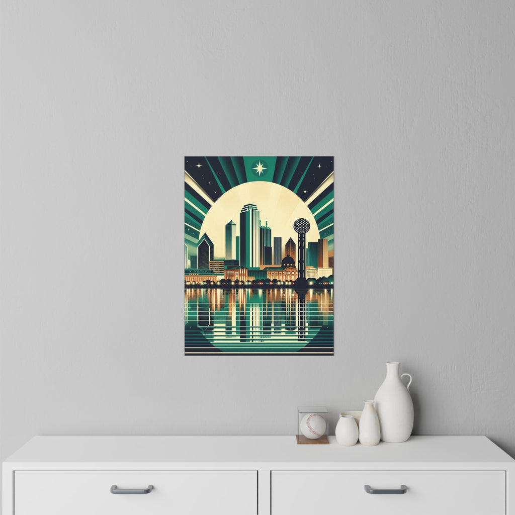 Poster of a city skyline with a moonlit sky on a gray wall above a white cabinet.