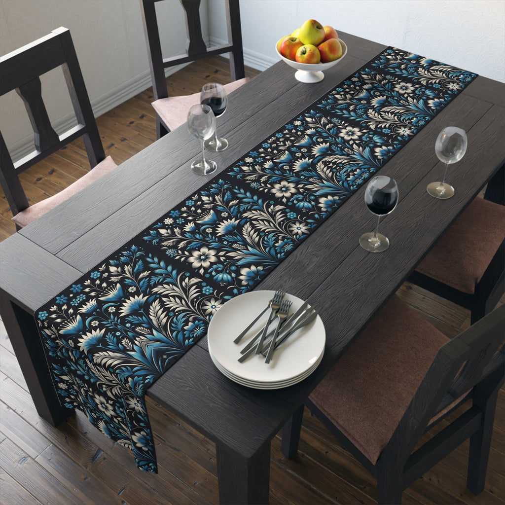 Dark Blue Art Deco Floral Table Runner Decor- Cotton Poly Blend