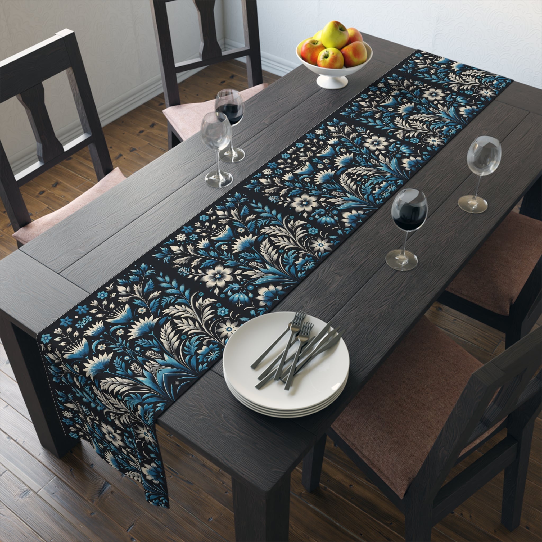 Dark Blue Art Deco Floral Table Runner Decor- Cotton Poly Blend