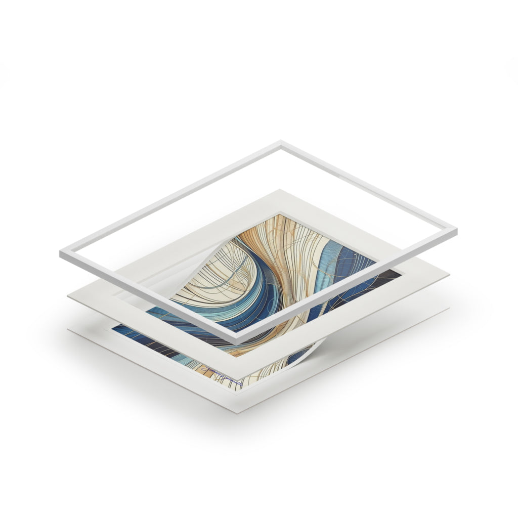 Fine Art Prints- Abstract Waterfall in cobalt, cream and white in Passepartout Paper Frame