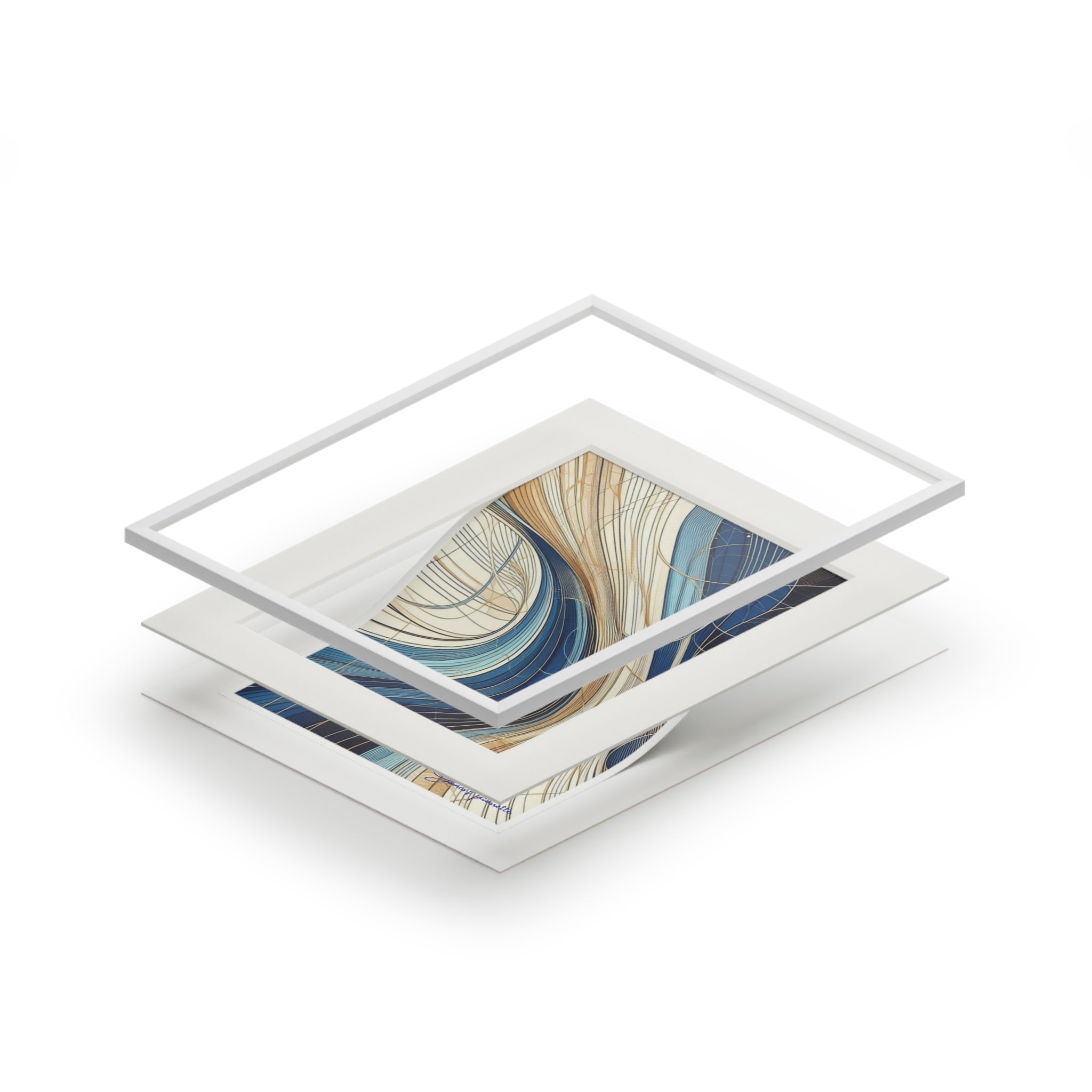 Fine Art Prints- Abstract Waterfall in cobalt, cream and white in Passepartout Paper Frame