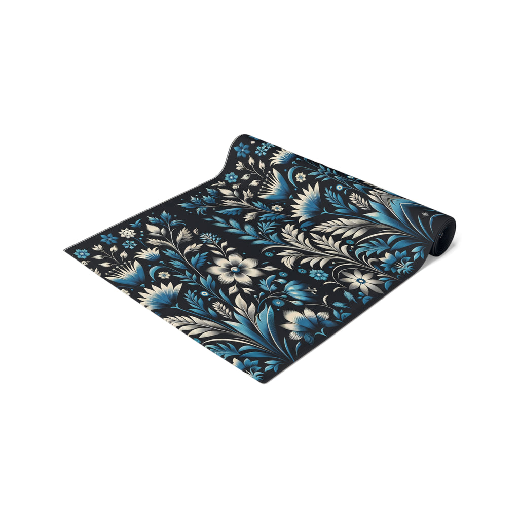 Dark Blue Art Deco Floral Table Runner Decor- Cotton Poly Blend