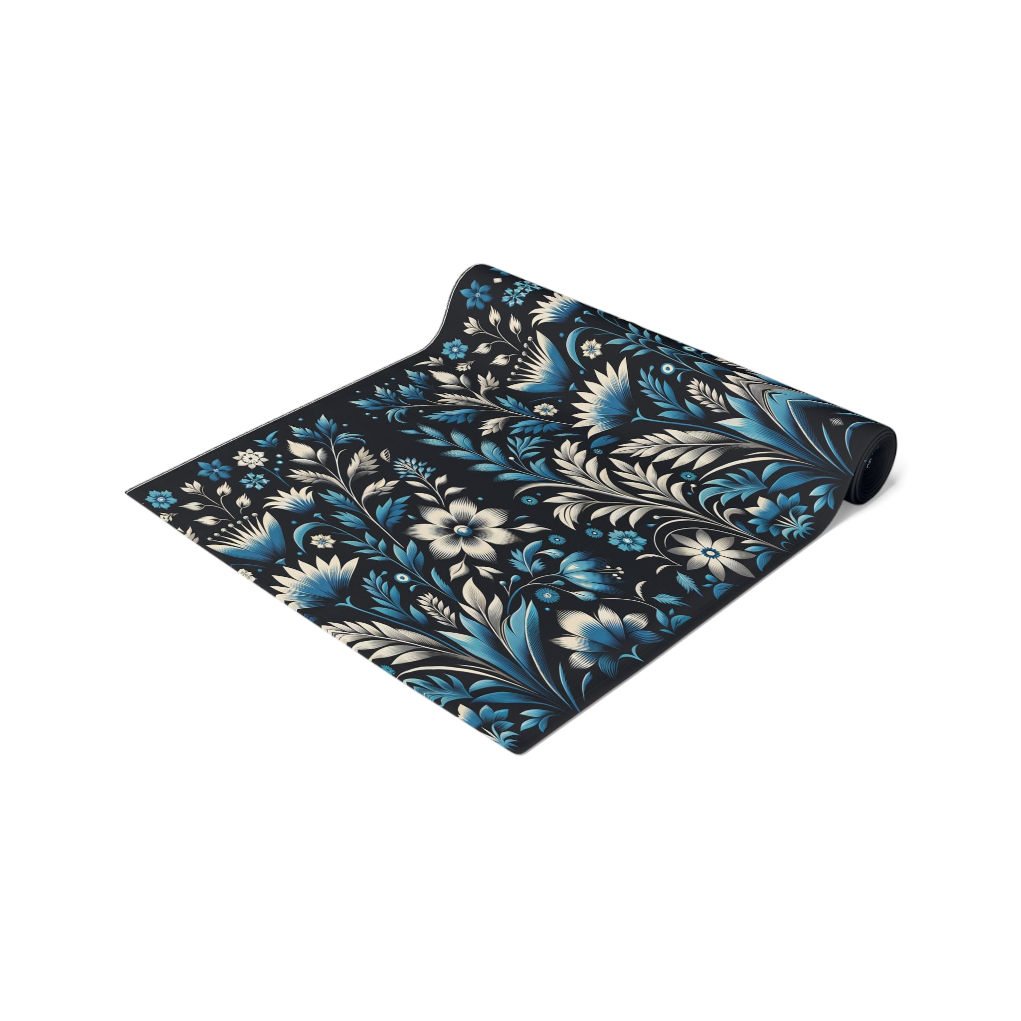 Dark Blue Art Deco Floral Table Runner Decor- Cotton Poly Blend