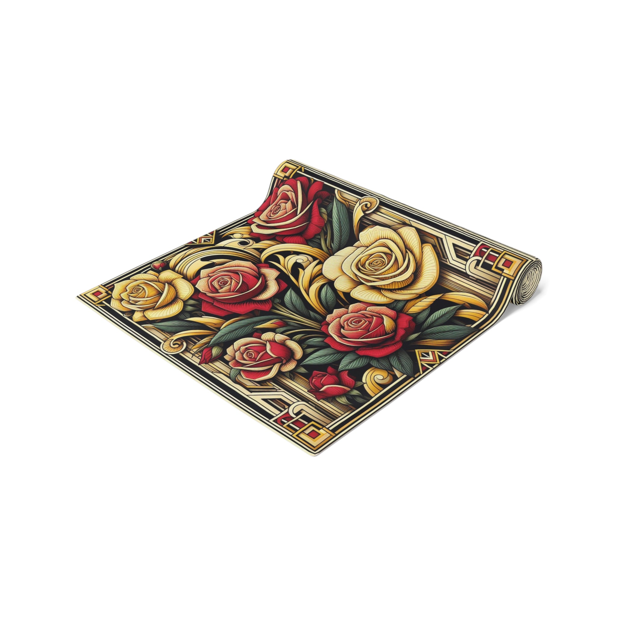 Decorative mat with colorful rose design on a white background