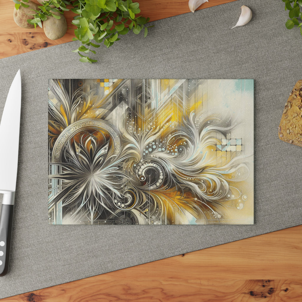 Stylish Yellow, Silver, and White Abstract Glass Cutting Board