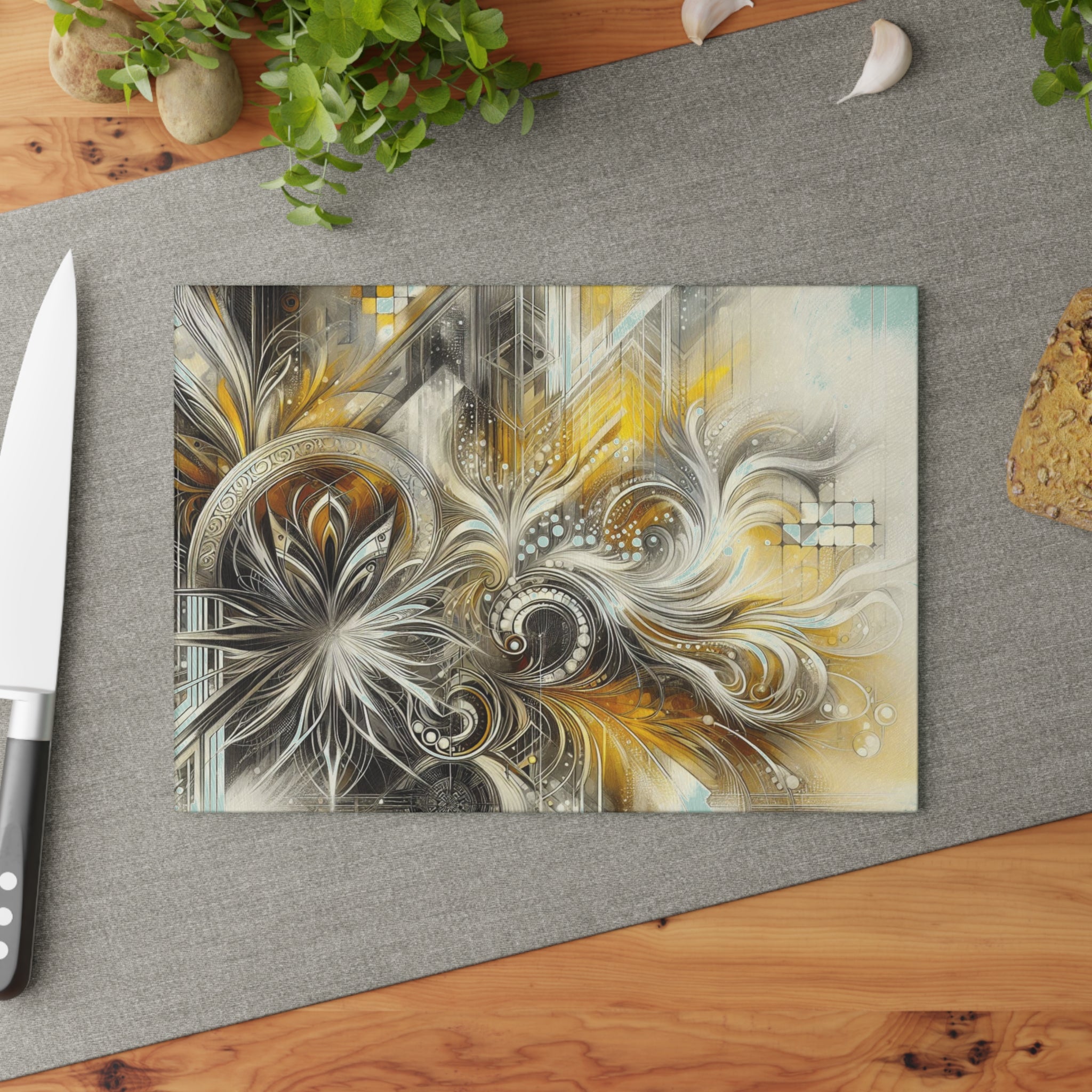 Stylish Yellow, Silver, and White Abstract Glass Cutting Board