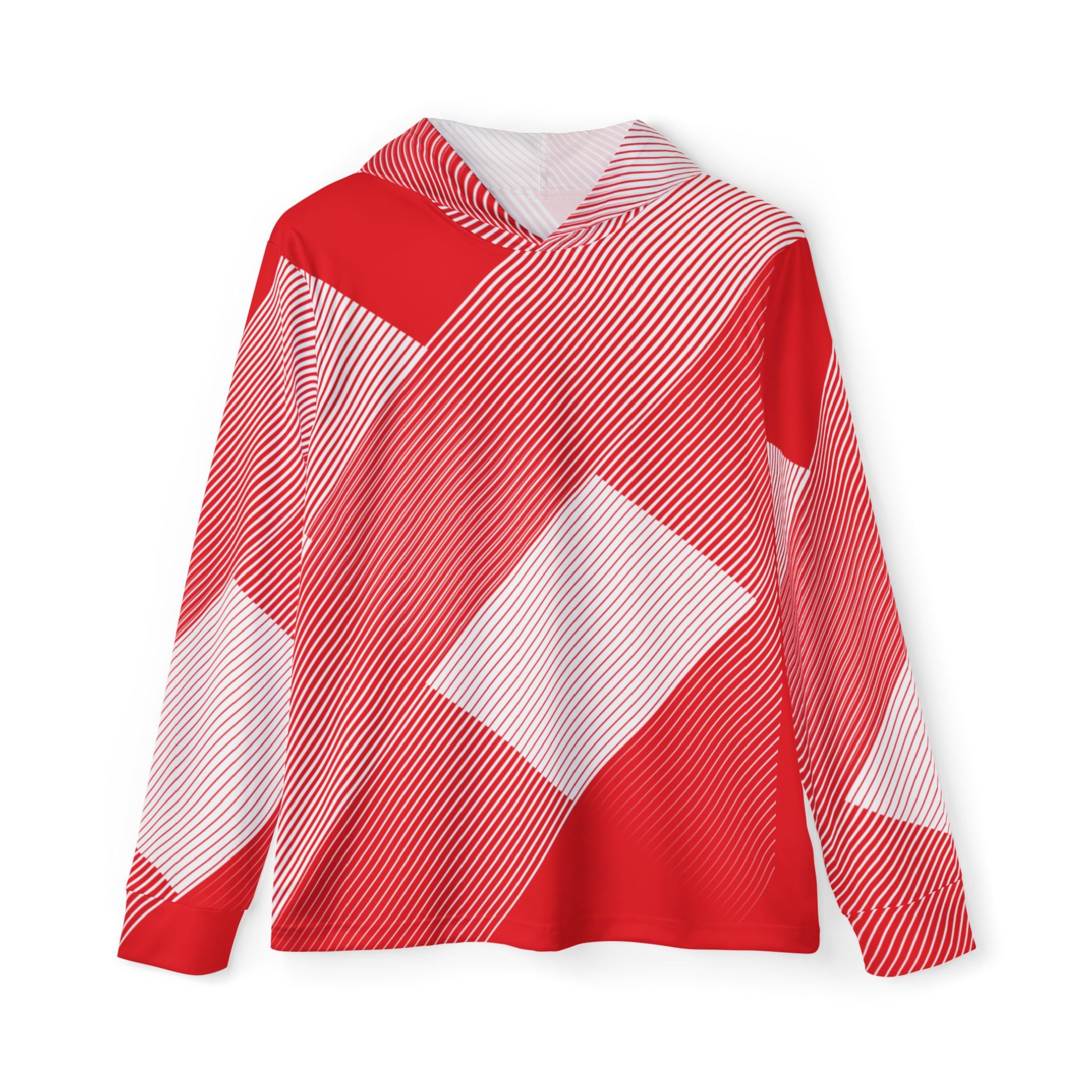 Red and white geometric patterned sweater on a white background