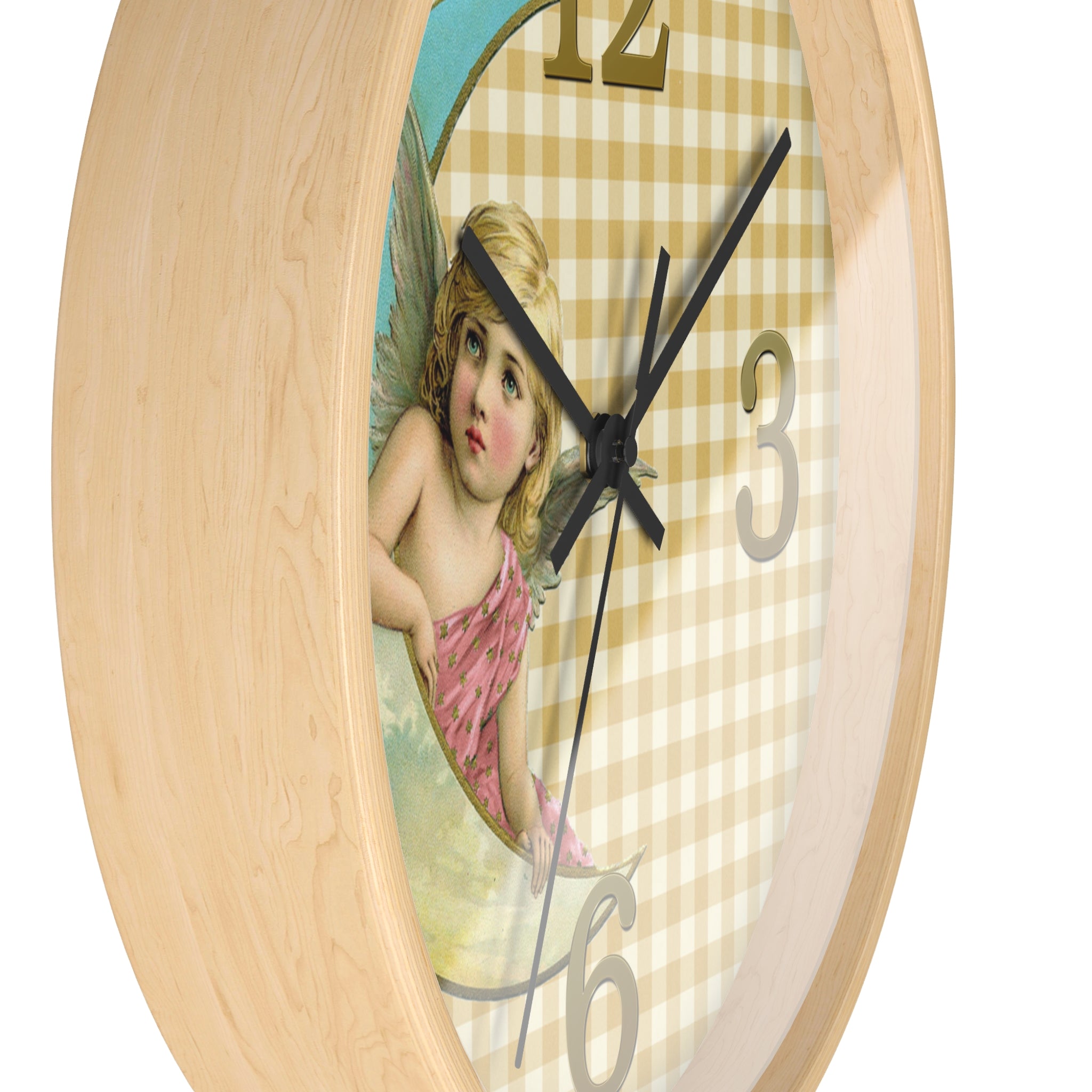 Wall clock with angel design on a checkered background